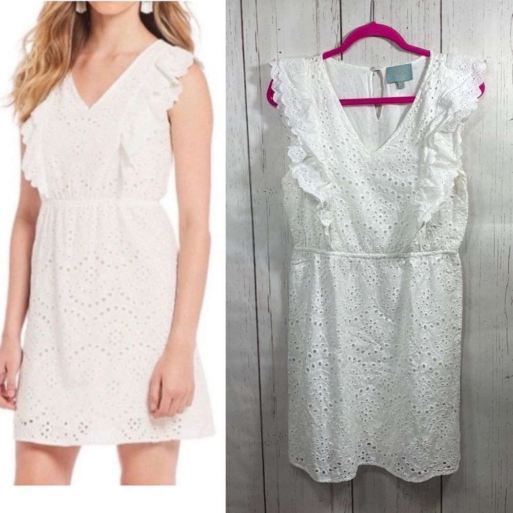 Skies Are Blue White Eyelet Dress Cottagecore Coquette Ruffle Sleeveless V Neck